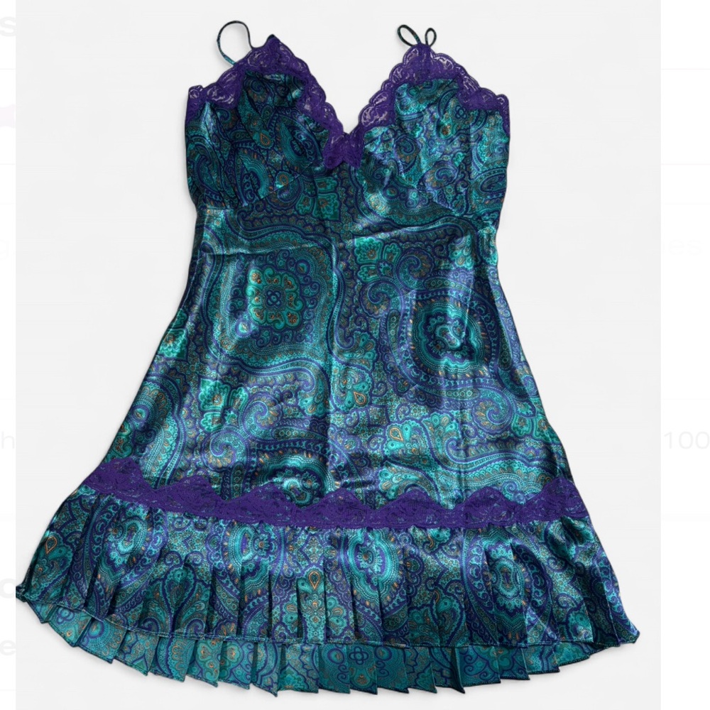 Vintage Victoria's Secret Blue and Purple Gold Label Paisley Satin Dress